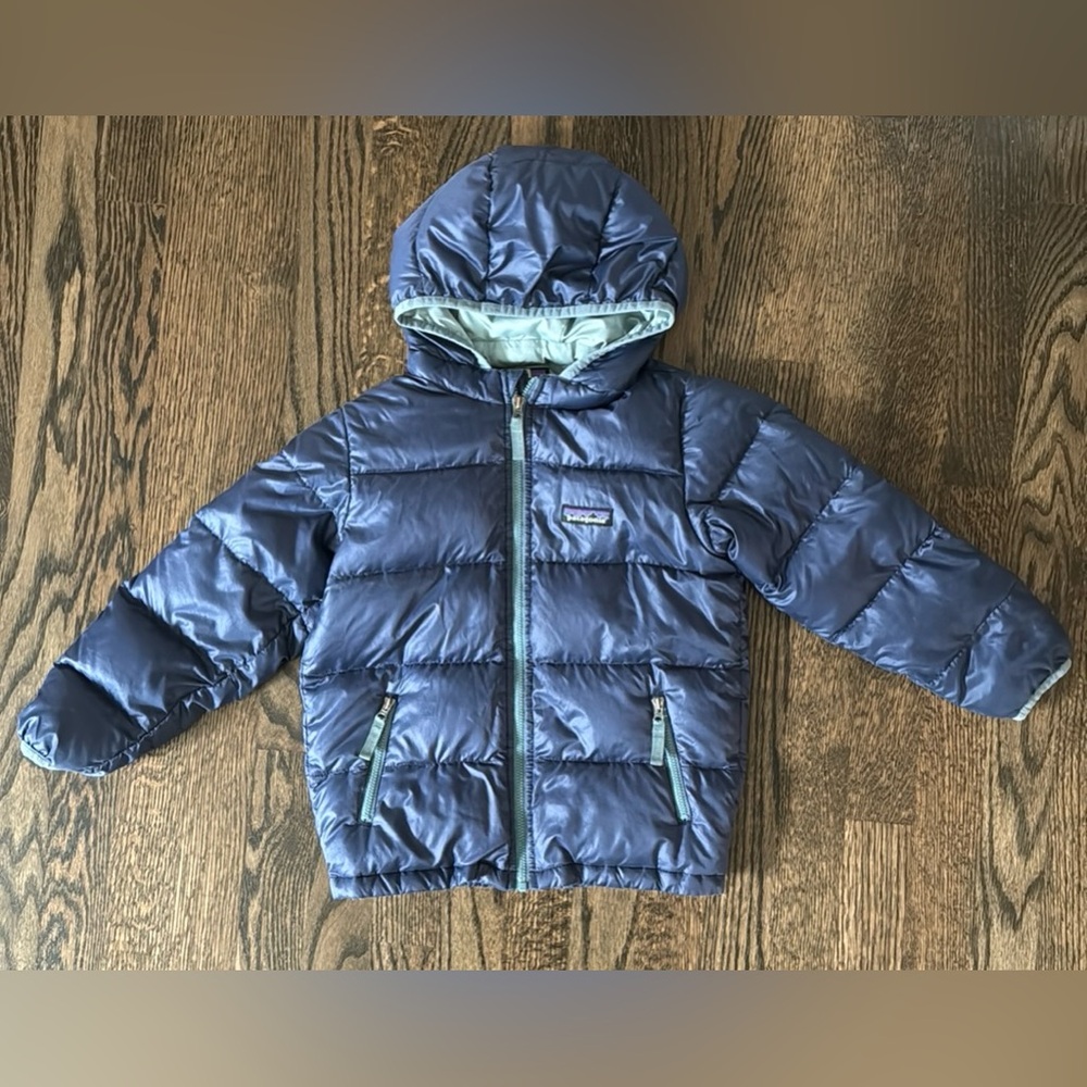 Patagonia kids Hi-Loft down sweater hoody (Jacket) in navy w/ green/sage detail